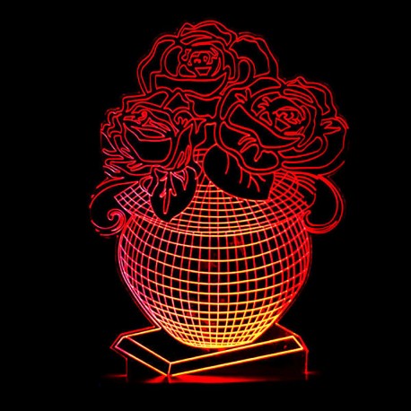 چراغ خواب سه بعدی طرح گلدان گل رز CHKH-0017