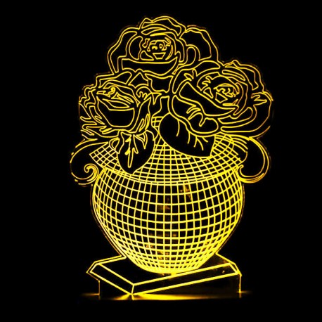 چراغ خواب سه بعدی طرح گلدان گل رز CHKH-0017